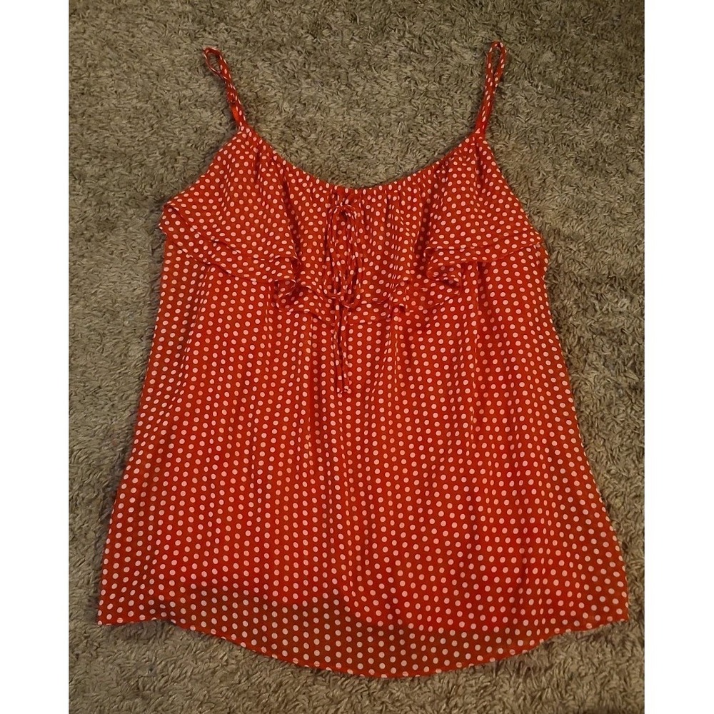 NY & Company  Red/white Polka Dot Polyester Ruffled Tank Top Lined Large